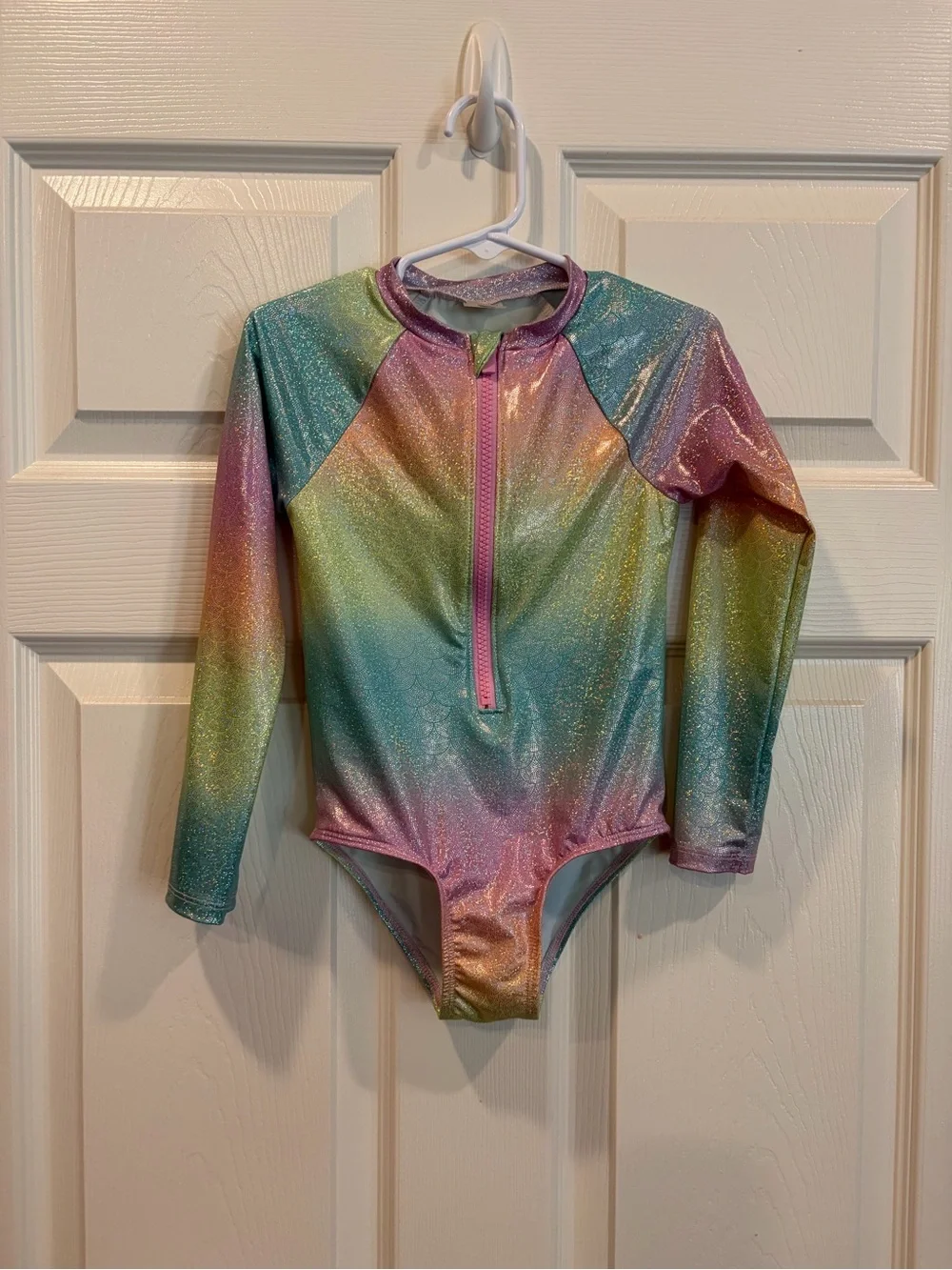 Kids Long-Sleeve Rainbow Glitter One-Piece Swimsuit